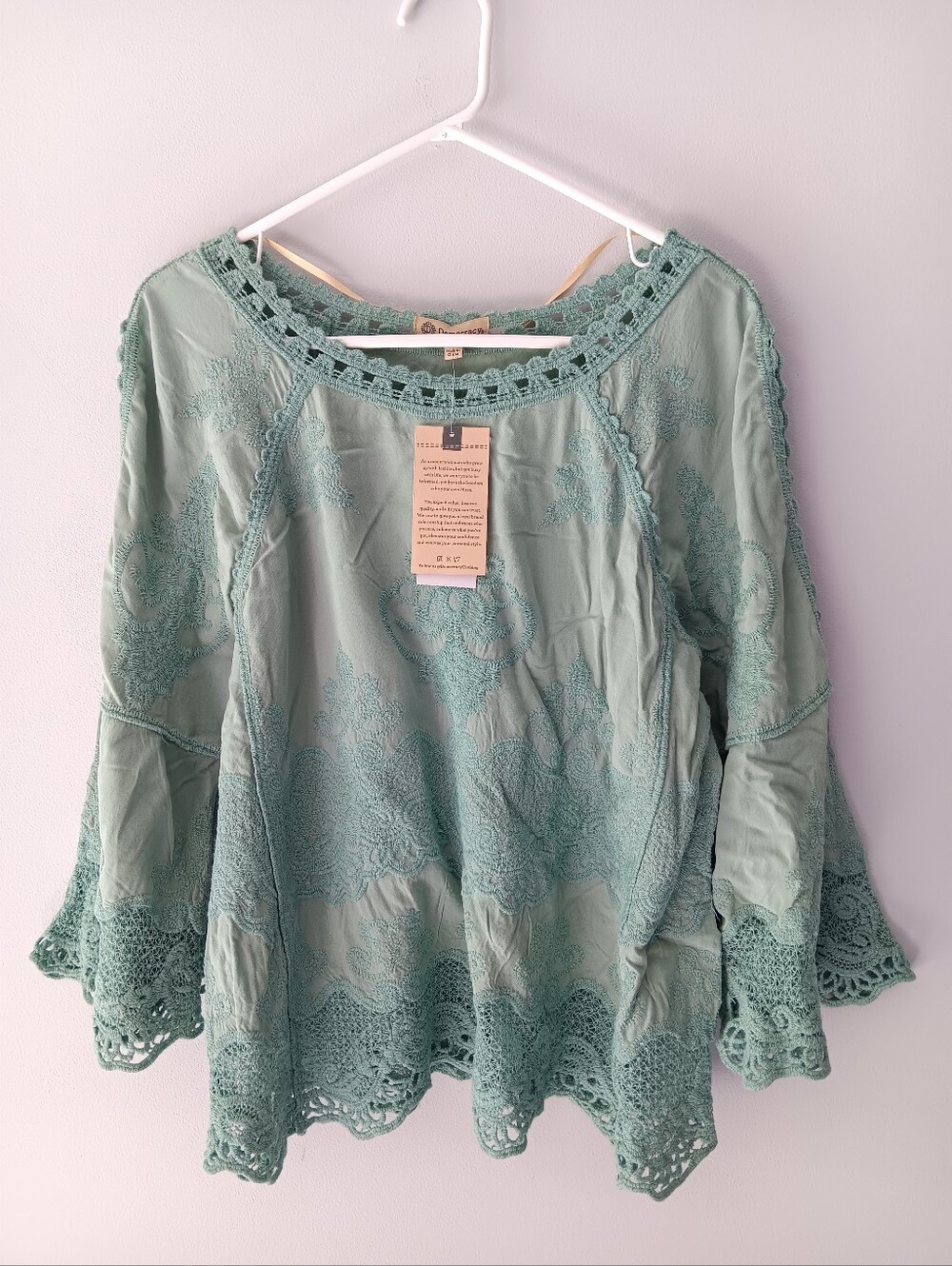 Democracy Boho Lace Embroidered Blouse Long Bell Sleeves Aqua Blue Small - Picture 6 of 14